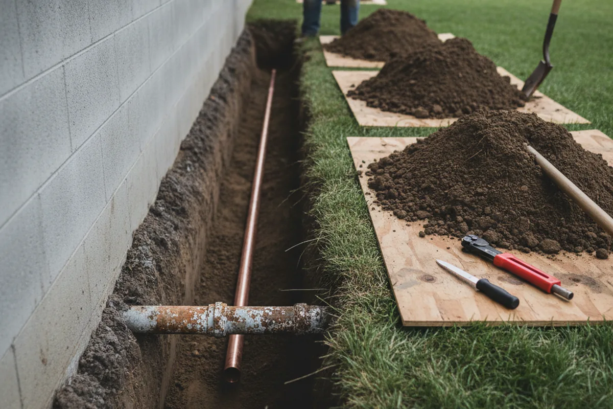 Excavated water line trench during Sewer Line Repair in Getzville